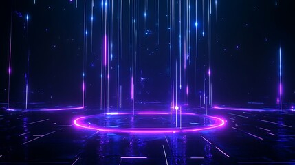 Futuristic neon lights and glowing circles creating a sci-fi digital landscape with vibrant blue and purple colors, perfect for technology themes.