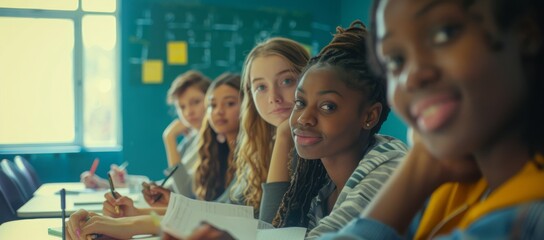Junior high school girl students at desk in classroom with female teacher