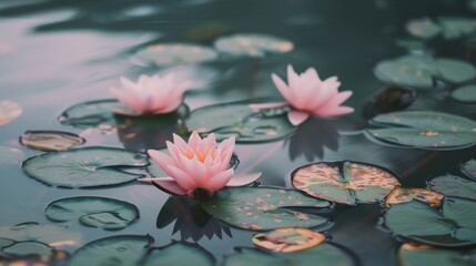 A close-up of pink water lilies floating on a calm pond, surrounded by green leaves