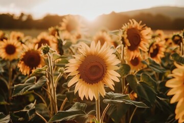 Fototapeta premium A sunflower field at dawn, with the first light of the day casting a golden glow over the flowers.
