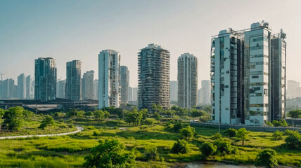Fototapeta premium Modern city skyline with tall skyscrapers and wind turbines surrounded by lush greenery and open fields, representing urban sustainability and clean energy