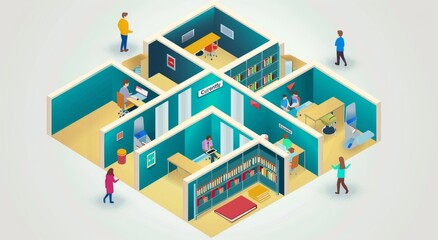 University or college students studying online in front of tablet computers with smartphones and textbooks. Distance education technology concept. Modern flat illustration with an isometric