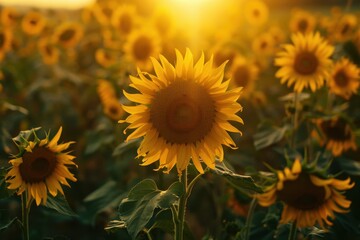 A sunflower field at dawn, with the first light of the day casting a golden glow over the flowers.