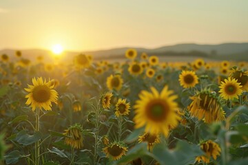 Fototapeta premium A sunflower field at dawn, with the first light of the day casting a golden glow over the flowers.