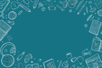 An education concept with a sketchy chalkboard background and hand drawn school supplies.