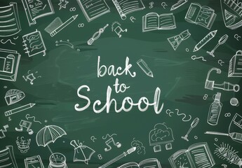 A digital flyer with greenboards and chalk icons for back to school