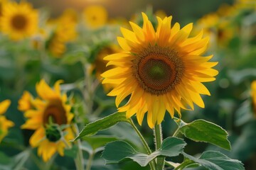 A sunflower field at dawn, with the first light of the day casting a golden glow over the flowers.