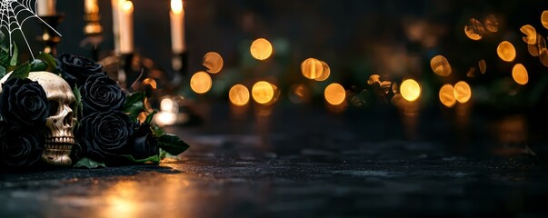 Gothic Halloween table setting, black roses, antique candelabras, skulls and cobwebs, eerie elegance