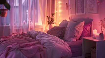 A cozy bedroom with pink bedding and soft lighting, creating a peaceful retreat