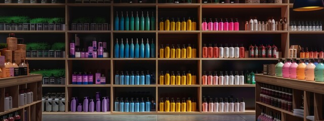 Modern cosmetic shop with organized shelves of colorful bottles