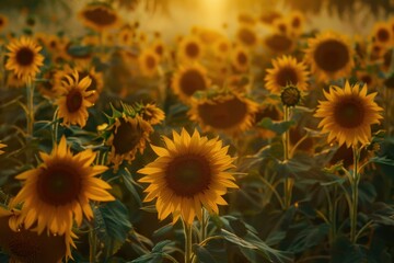 Fototapeta premium A sunflower field at dawn, with the first light of the day casting a golden glow over the flowers.
