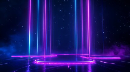 Futuristic neon lights glowing in a dark room with mist, creating a vibrant sci-fi atmosphere with blue and purple hues.