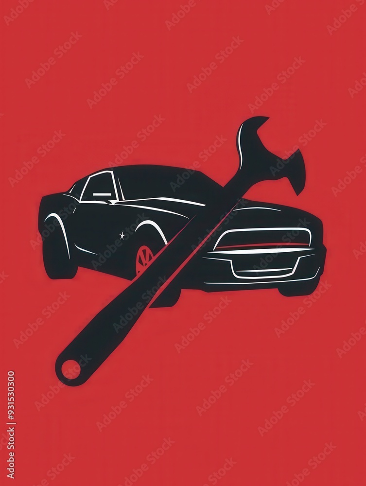 Poster this simple logo features a stylized car silhouette crossed with a wrench, set against a bold red ba