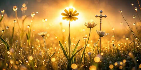 Ethereal Whispering Blooms Cross silhouette morning dew drops golden light