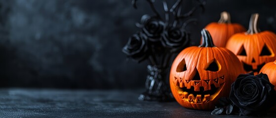 Obraz premium Spooky Gothic home decor with intricately carved pumpkins, black roses in vintage vases, and wrought iron accents, perfect for a chilling Halloween atmosphere