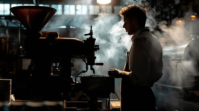 Silhouette professional coffee roaster with modern machine used for roasting beans : Generative AI