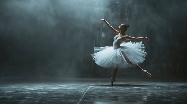 Young ballerina in elegance white tutu dancing against dark background Graceful litted ballerina performing in dark Ballet art grace flexibility motion Closeup : Generative AI