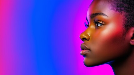 A woman with a face painted in gold and purple. The background is a mix of blue and purple