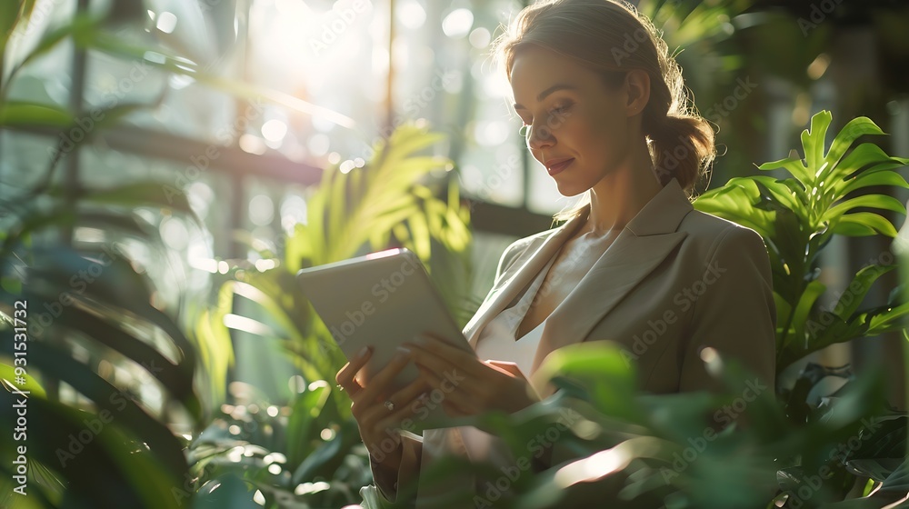 Poster a focused woman in business attire efficiently works on a tablet in a modern sunlit office space wit