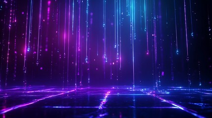 Futuristic neon lights reflecting on the ground in a dark space, creating a techno-inspired, cyberpunk atmosphere.