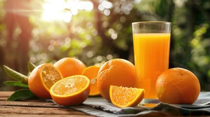 A glass of freshly squeezed orange juice with whole oranges beside it, set on a wooden table