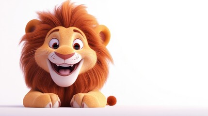 Obraz premium Friendly cartoon lion with a playful grin and fluffy mane, resting on a white background, generative AI 3D style