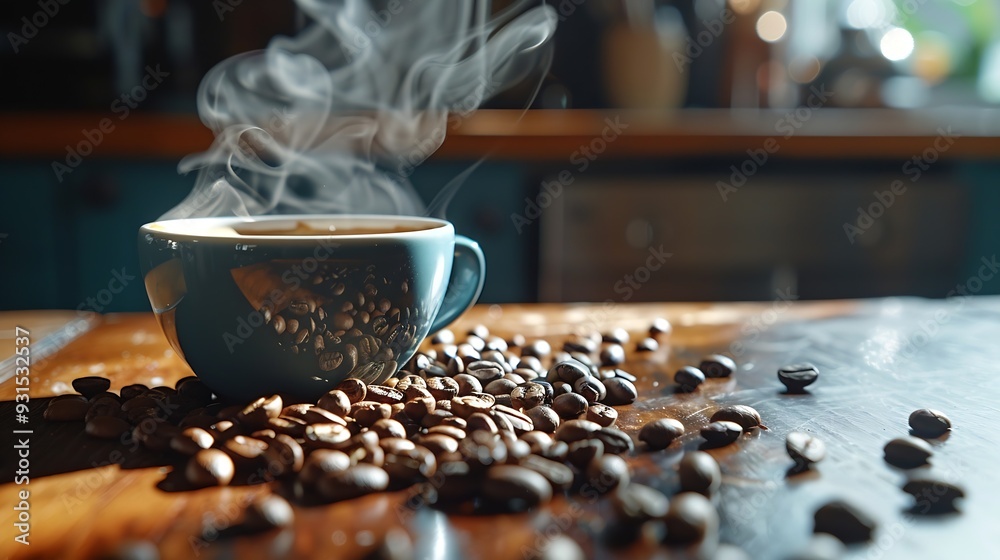Poster steaming coffee in cup and roasted beans on table : generative ai