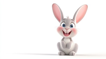 Friendly cartoon rabbit with big ears and a joyful smile, sitting on a clean white background, generative AI 3D style