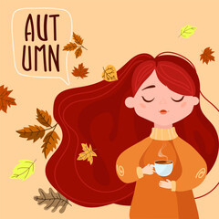 Cozy autumn illustration with cute girl with cup of hot tea drink and falling leaves. Autumn illustration for postcard, greeting card, print, poster, wallpaper design. Vector illustration
