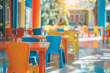 Back to school concept with a blurry background of an elementary school classroom without a child. No kid or teacher in the classroom. Back to school concept with chairs and tables in a campus.