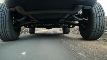 Black suv drives on a gravel road, revealing its undercarriage and suspension system, kicking up dust on an off road adventure through nature on a sunny summer day