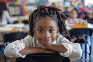 A biracial girl with braided hair sits with copies in a school classroom
