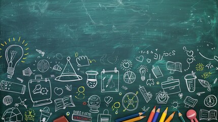 A green school teacher's chalkboard background with doodles and blank space for a concept of imagination and education success