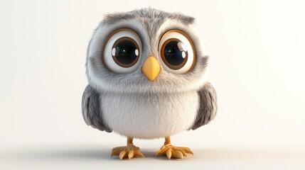 Fototapeta premium Playful 3D baby owl with big eyes and a happy expression on a white background, in a friendly cartoon style