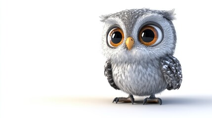 Obraz premium Playful 3D baby owl with big eyes and a happy expression on a white background, in a friendly cartoon style