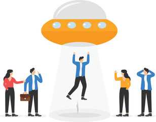 UFO takes a man in a business suit from a workplace,

