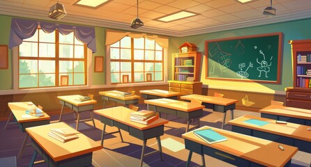 This is a modern cartoon background with an empty classroom inside. Back to college concept illustration of a lecture hall with furniture, a chalkboard, rows of desks, chairs and chalkboard.