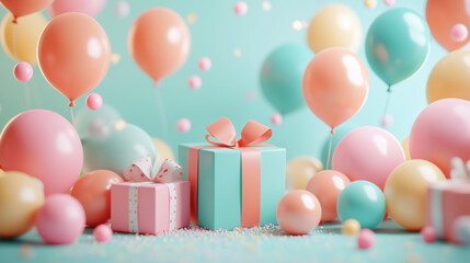 Pastel balloons and gift boxes with confetti on festive background