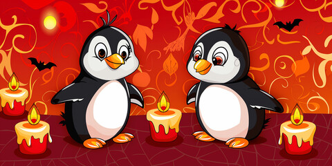 Naklejka premium Red Halloween Background: Playful Penguins and Candle Patterns 