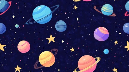 A vibrant and whimsical illustration of planets and stars against a dark cosmic backdrop, perfect for creative projects.