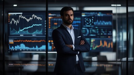 The businessman with data screens.