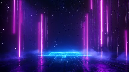 Fototapeta premium Neon futuristic digital landscape with glowing pink and blue lights. Abstract cyberpunk scene with vibrant colors and modern technology.
