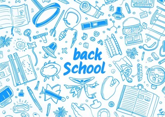 Drawings in blue ink on a white background. For posters, banners, flyers. Many symbols of education.