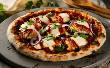Barbecue Chicken Pizza with Mozzarella and Cheddar on Rustic Tray