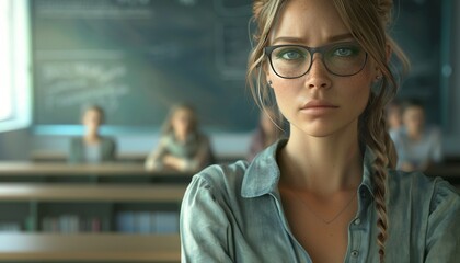Female Teacher with Glasses Standing Confidently in Classroom, Students and Blackboards in Background, Educational Scene