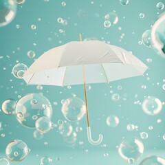 A whimsical white umbrella floating amidst colorful bubbles against a soft blue background.