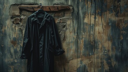 Naklejka premium A light black raincoat hanging on a wooden hook, ready for a rainy day