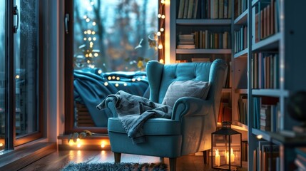 A light blue armchair in a cozy reading nook, surrounded by soft lighting and books