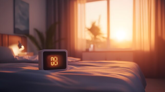 A minimalist alarm clock with a digital display, morning sun creating a soft halo effect around the clock, inspiring quote on the screen, background of a modern, uncluttered bedroom, serene and