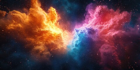 Naklejka premium Cosmic Clouds of Orange, Blue, and Pink in a Starry Sky